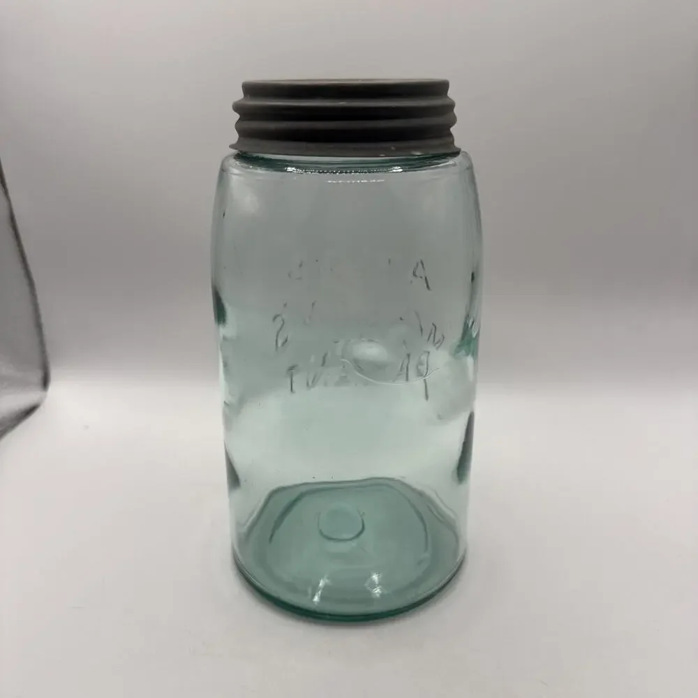 Vintage Atlas Mason’s Patent Nov 30 1858 Aqua Glass Canning Jar w Zinc Lid